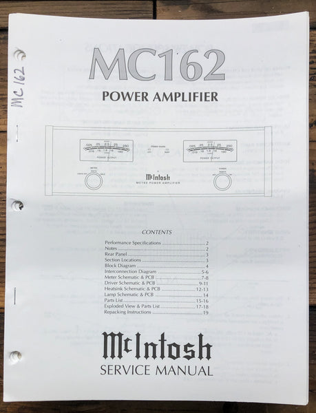 McIntosh MC162 MC-162 Amplifier  Service Manual *Original*