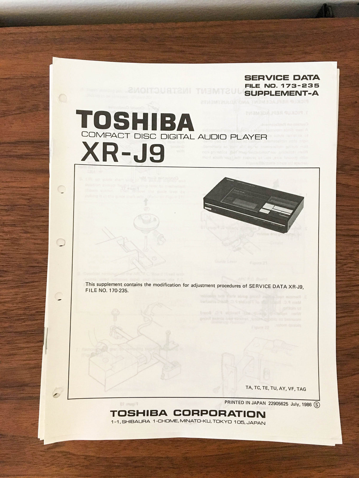 Toshiba XR-J9 CD Player Service Manual Supplement *Original*