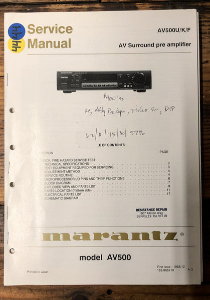 Marantz AV500 AV-500 AV-500U Preamp  Service Manual *Original*