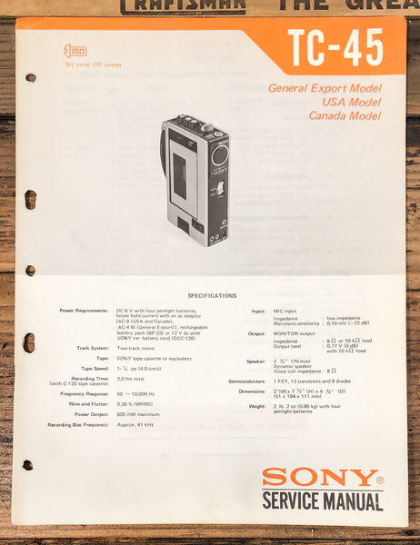 Sony TC-45 Cassette  Service Manual *Original*