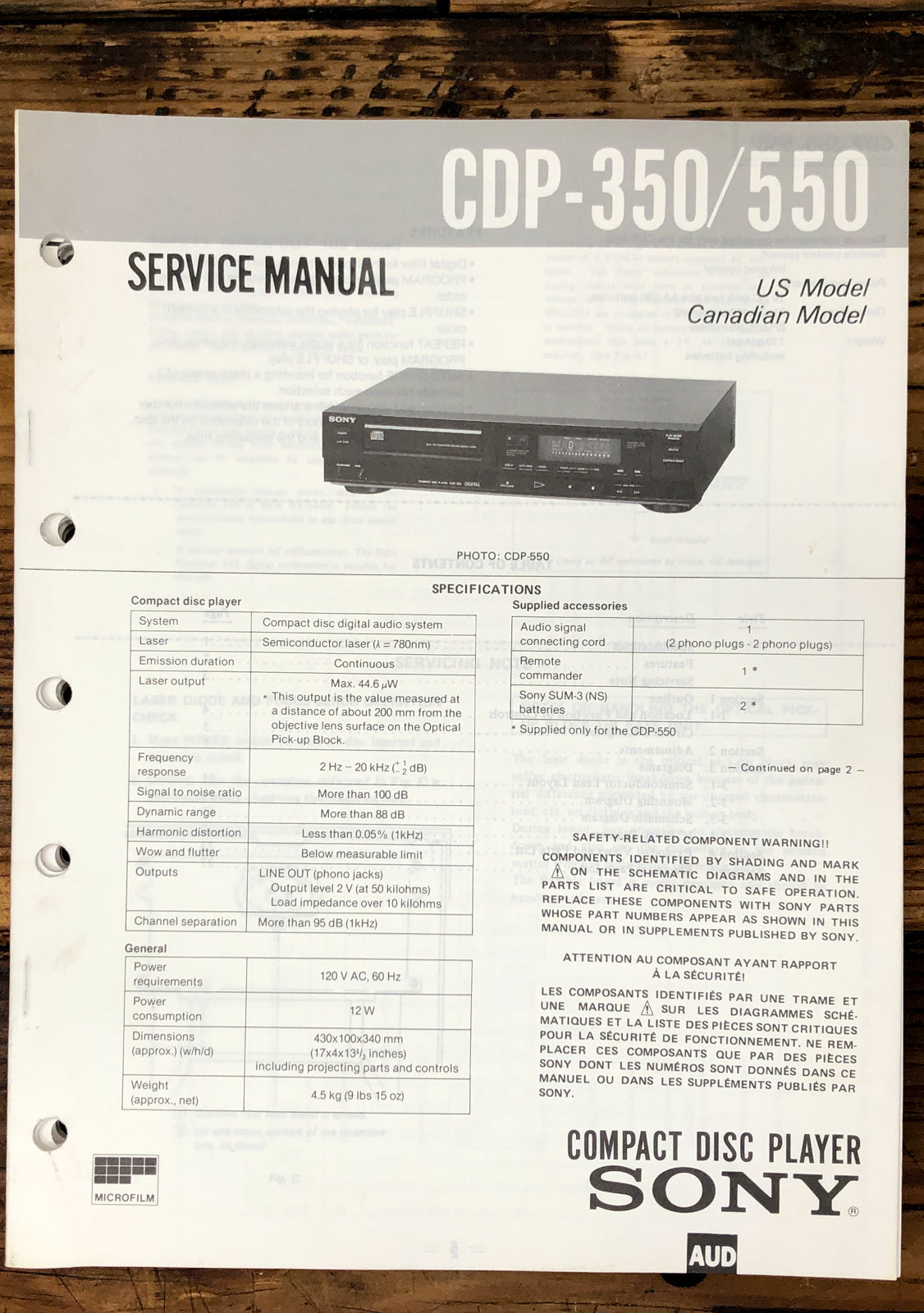 Sony CDP-350 CDP-550 CD Player  Service Manual *Original*