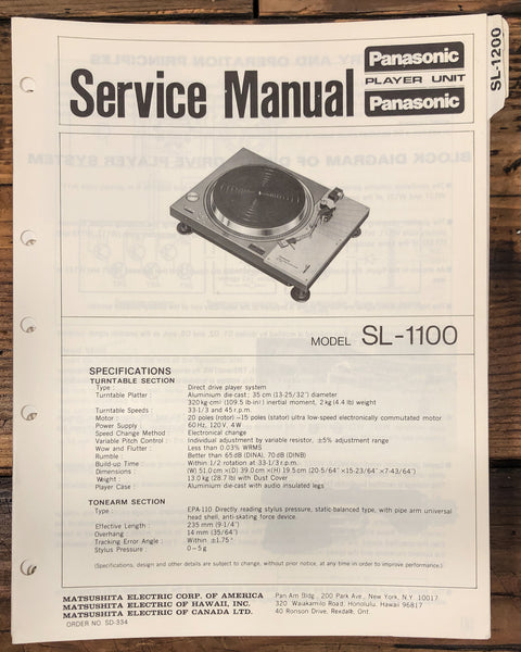 Technics / Panasonic SL-1100 Turntable  Service Manual *Original*
