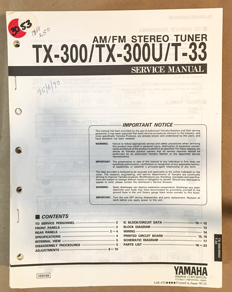 Yamaha TX-300 TX-300U T-33 Tuner  Service Manual *Original*