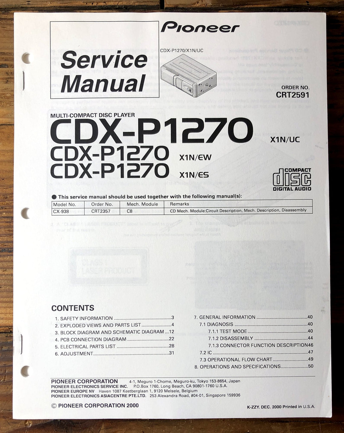 Pioneer CDX-P1270 Car CD Changer Service Manual *Original*