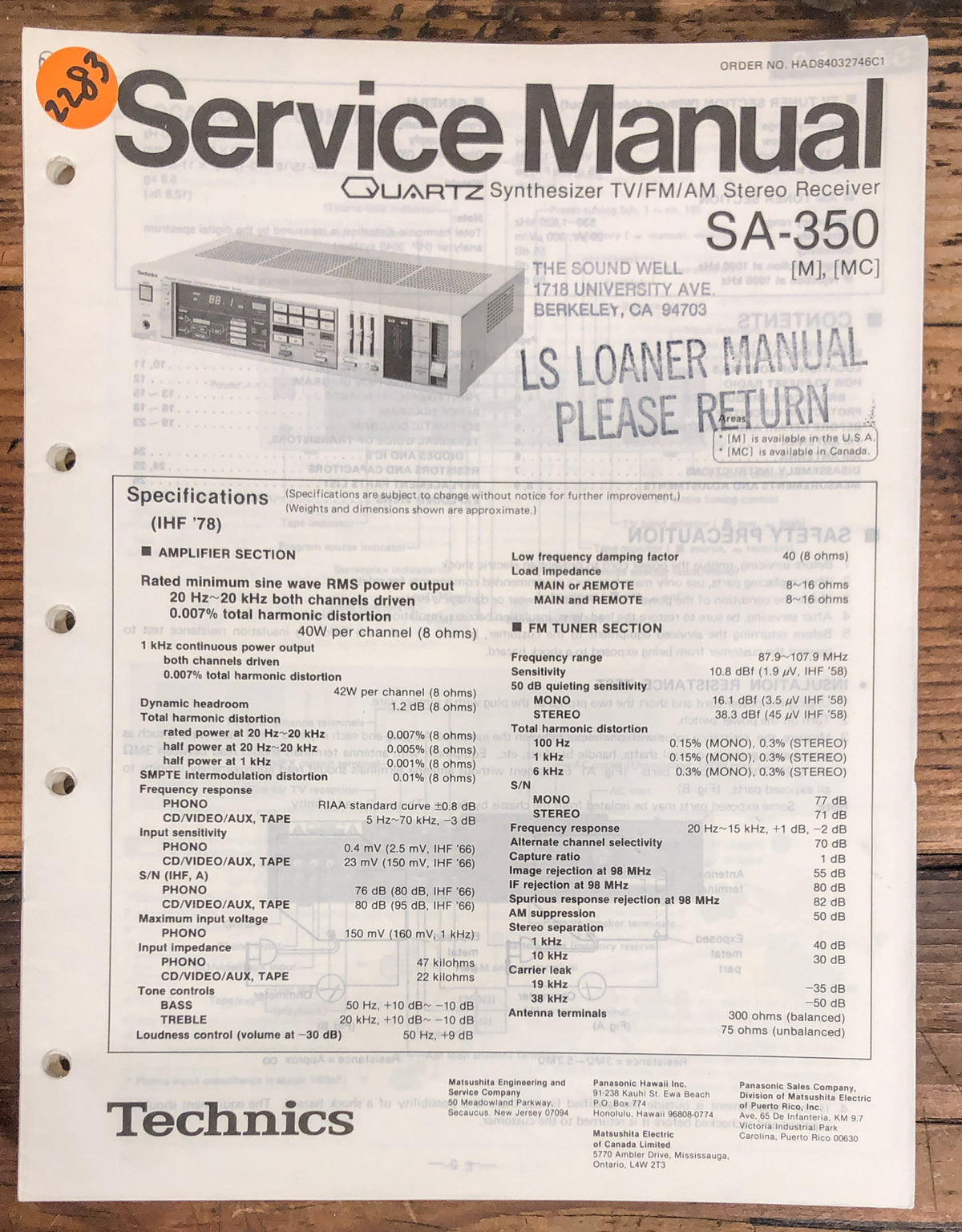 Technics SA-350 Receiver  Service Manual *Original*