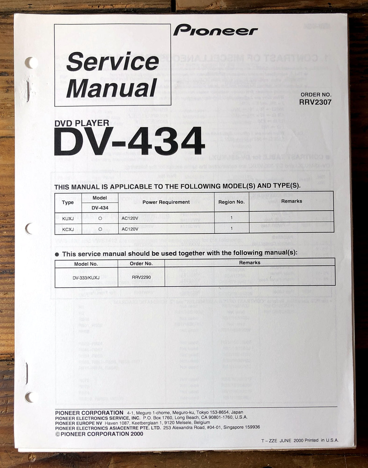 Pioneer DV-434 DVD Player Supp. Service Manual *Original*