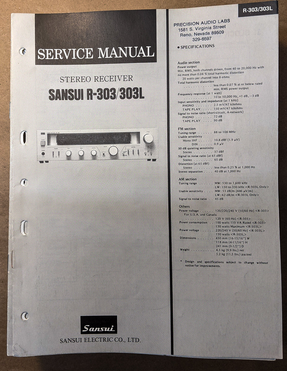 Sansui R-303 R-303L Receiver Service Manual *Original*