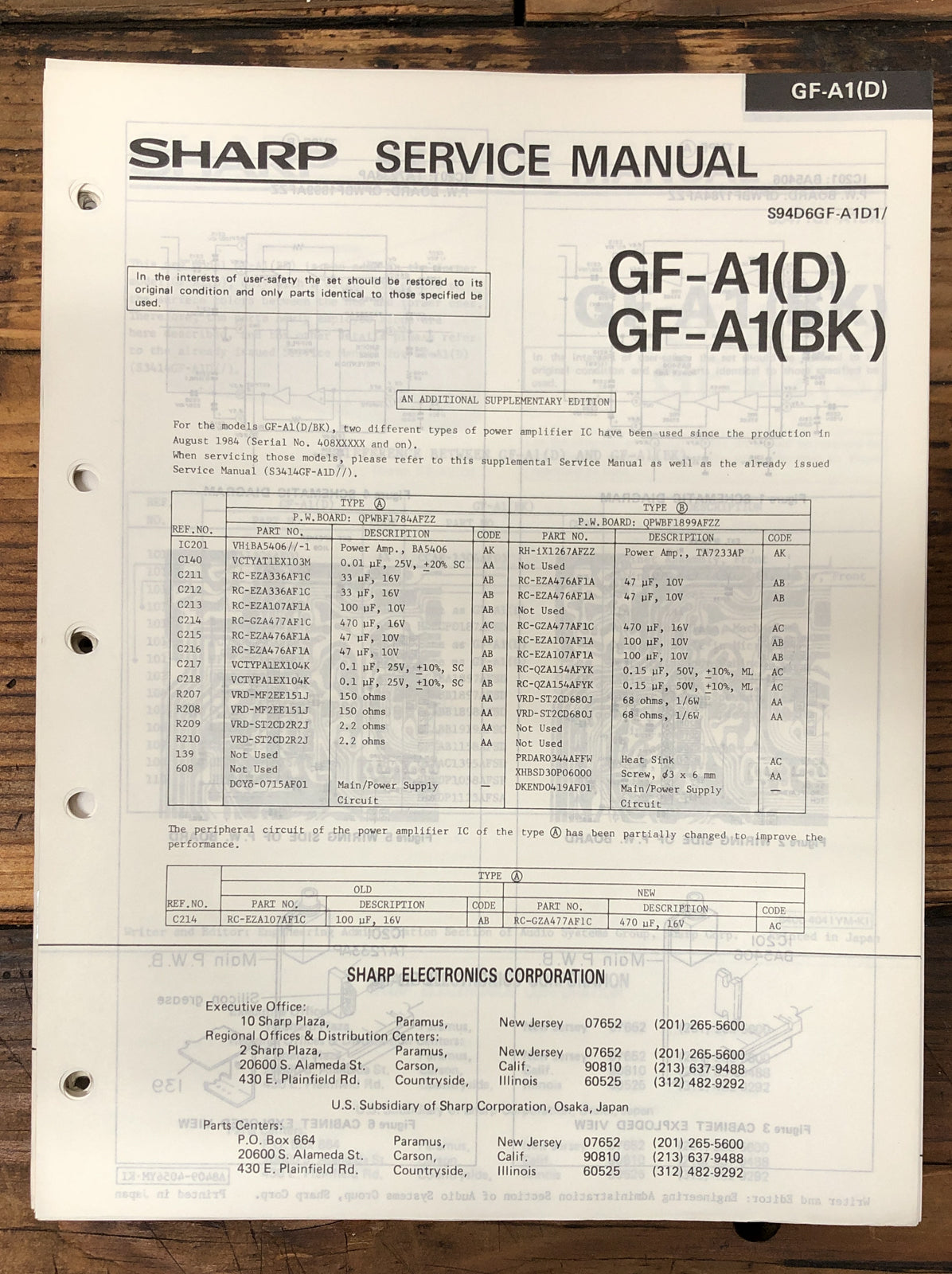 Sharp GF-A1 Radio Cassette Supp. Service Manual *Original*