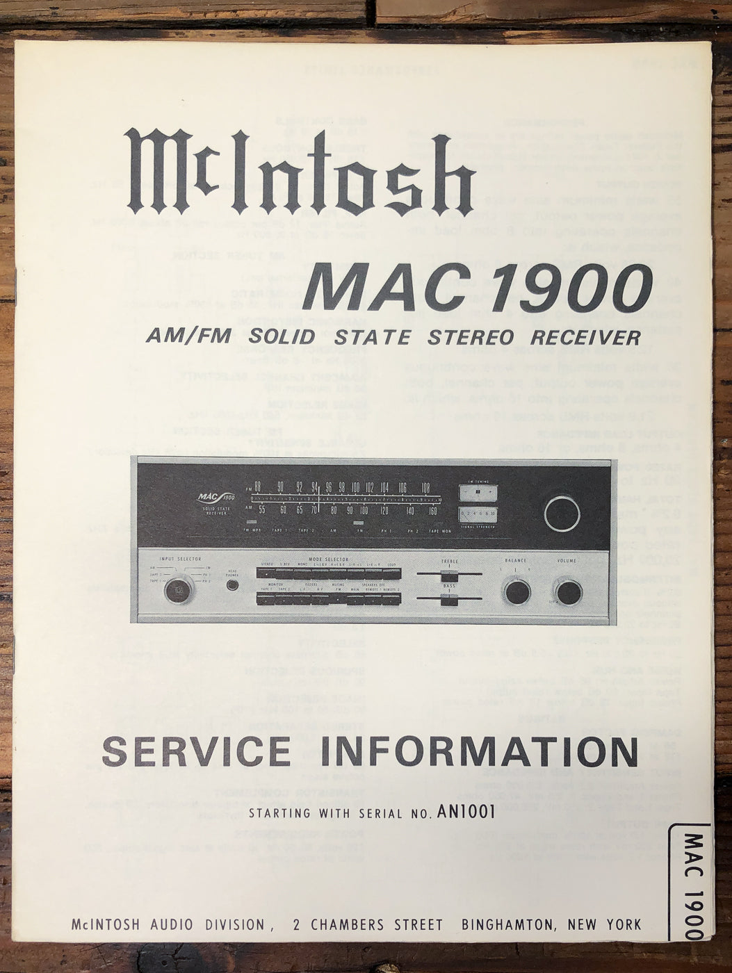 McIntosh MAC 1900 Receiver Starts AN1001 Service Manual *Original*