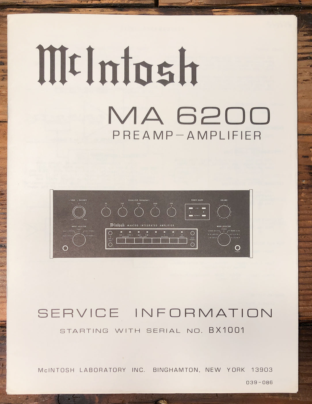 McIntosh MA6200 MA-6200 Amplifier Starts BX1001 Service Manual *Original*
