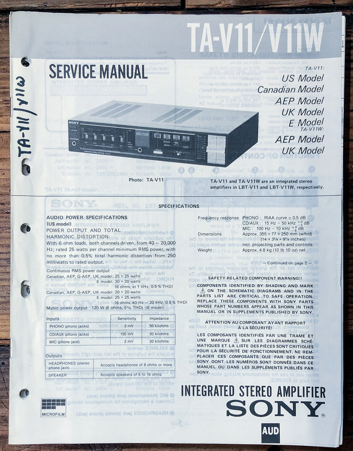 Sony TA-V11 TA-V11W Amplifier  Service Manual *Original*