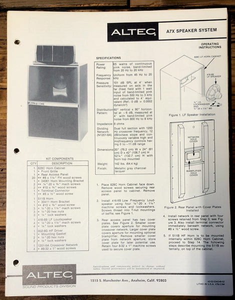 Altec Model A7X Speaker  Owners Manual & Schematic *Orig*