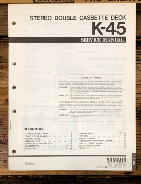 Yamaha K-45 Cassette  Service Manual *Original*
