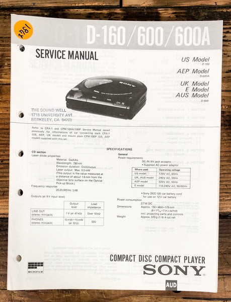 Sony D-160 D-600 D-600A CD Player  Service Manual *Original*