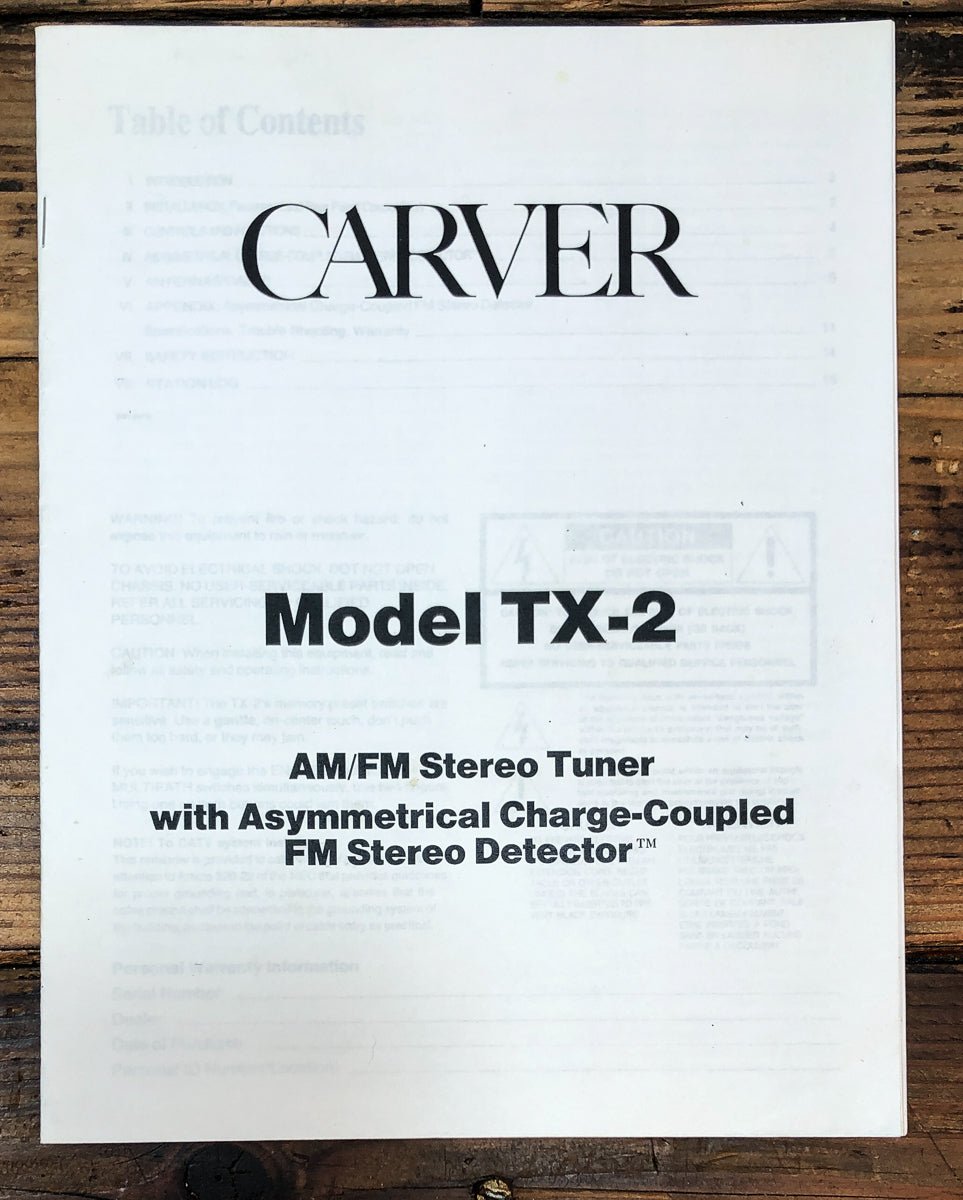 Carver TX-2 Tuner Owners / User Manual *Original*