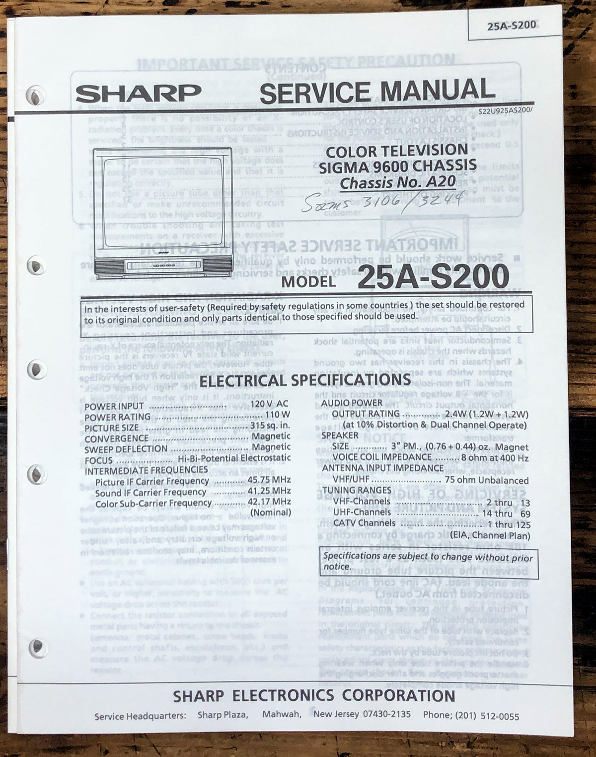 Sharp 25A-S200 TV / Television Service Manual *Original*