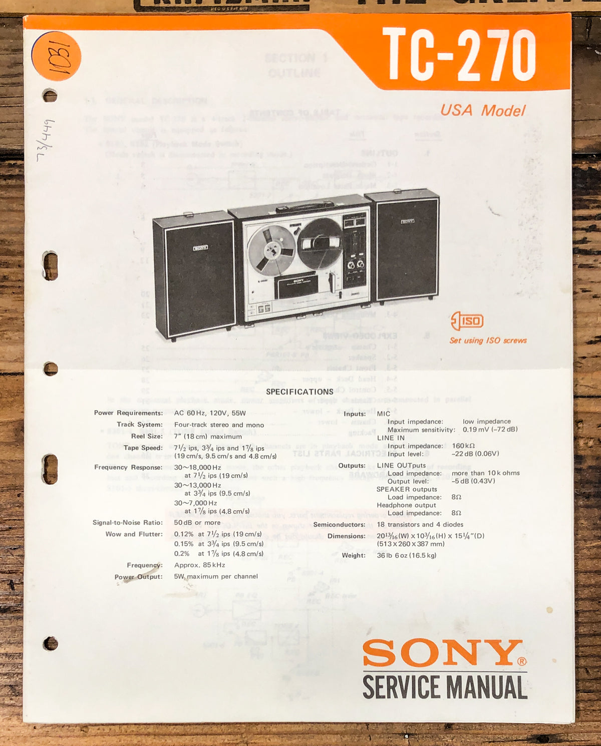 Sony TC-270 Reel to Reel  Service Manual *Original*