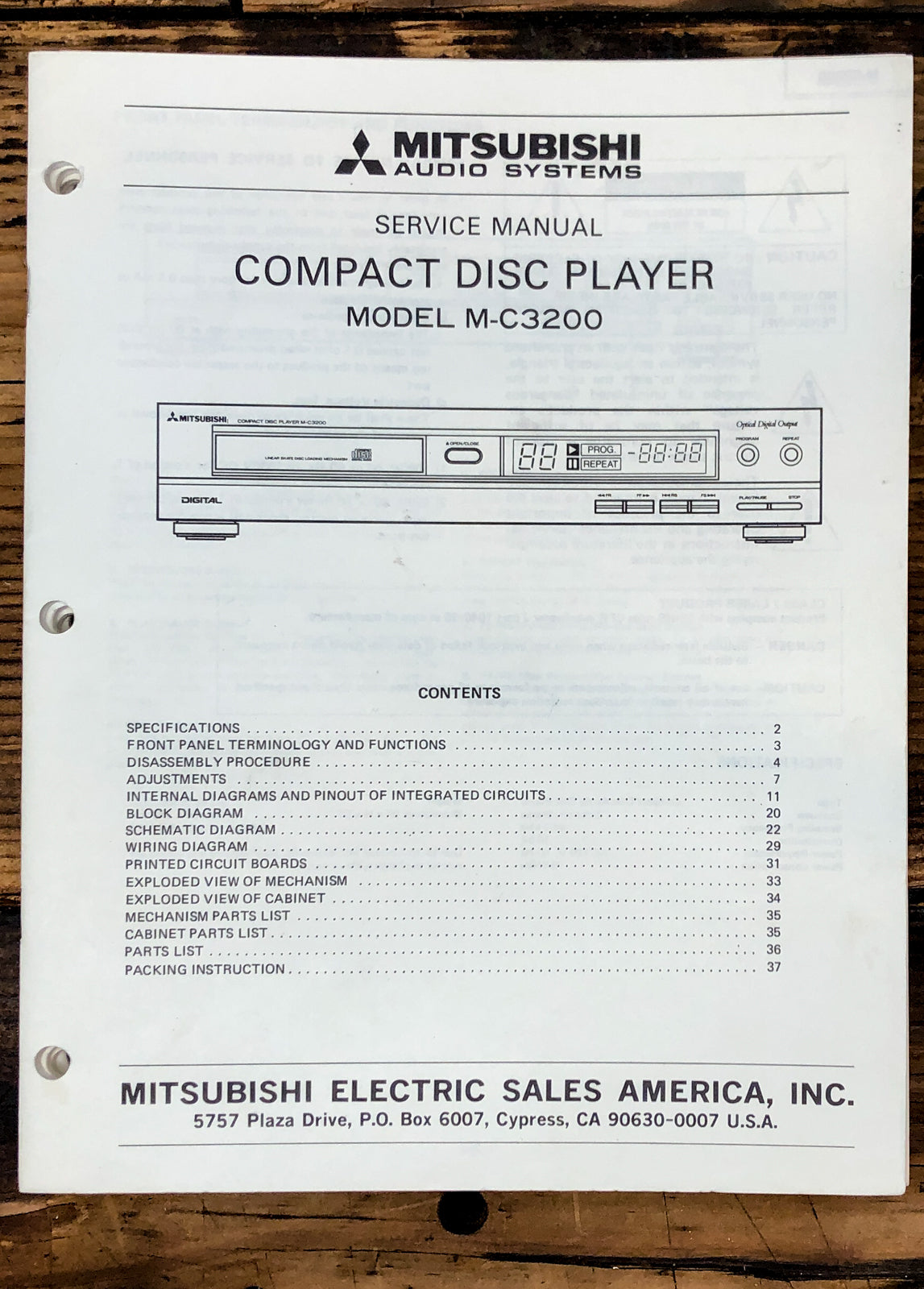 Mitsubishi M-C3200 CD Player Service Manual *Original*