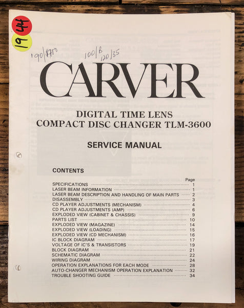 Carver TLM-3600 CD Player  Service Manual *Original*