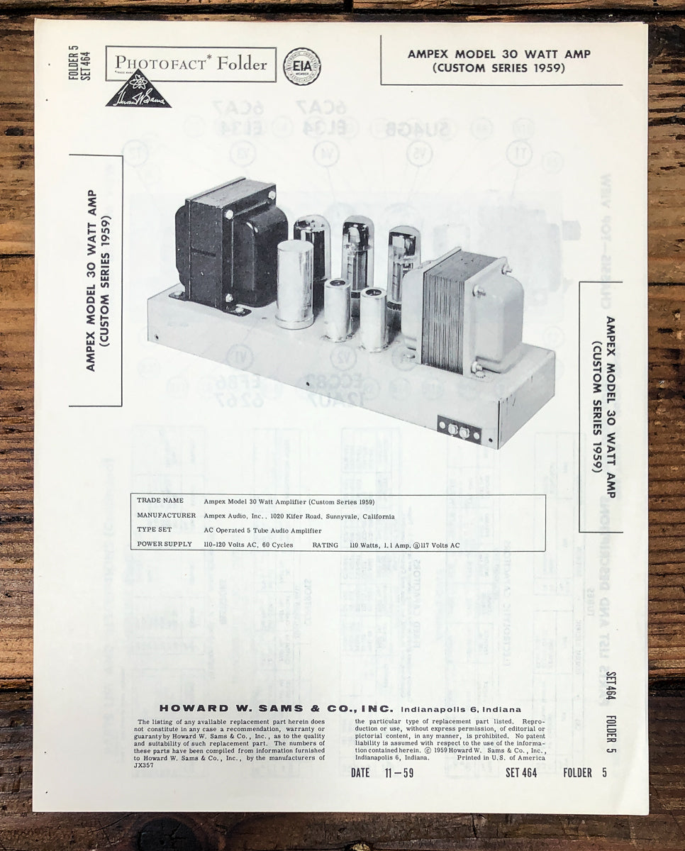 SAMS / Ampex Model 30 Watt Tube Amplifier 1959  Service Manual *Original*