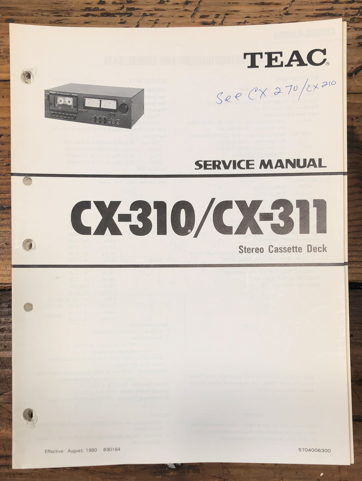 Teac CX-310 CX-311 Cassette Service Manual *Original*