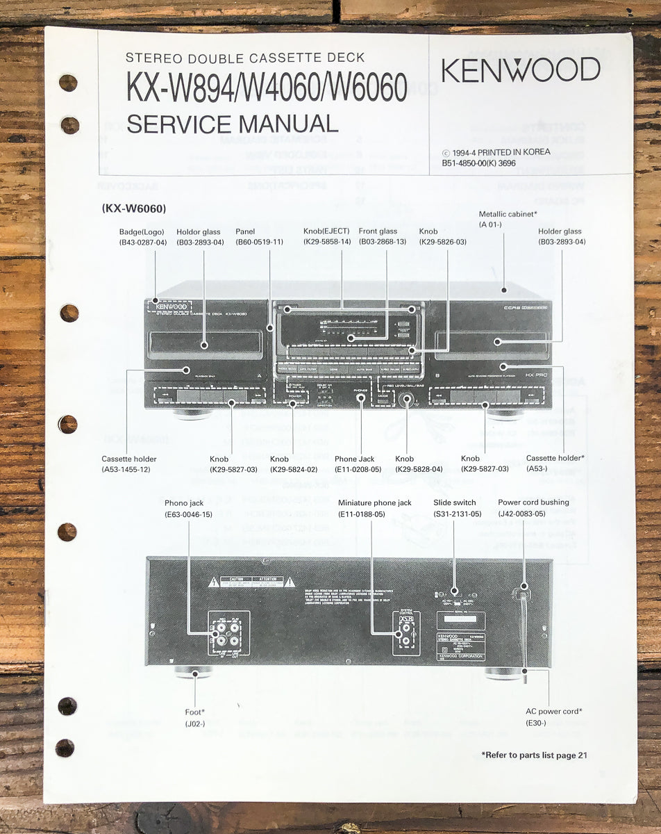 Kenwood KX-W894 -W4060 -W6060 Cassette Service Manual *Original*