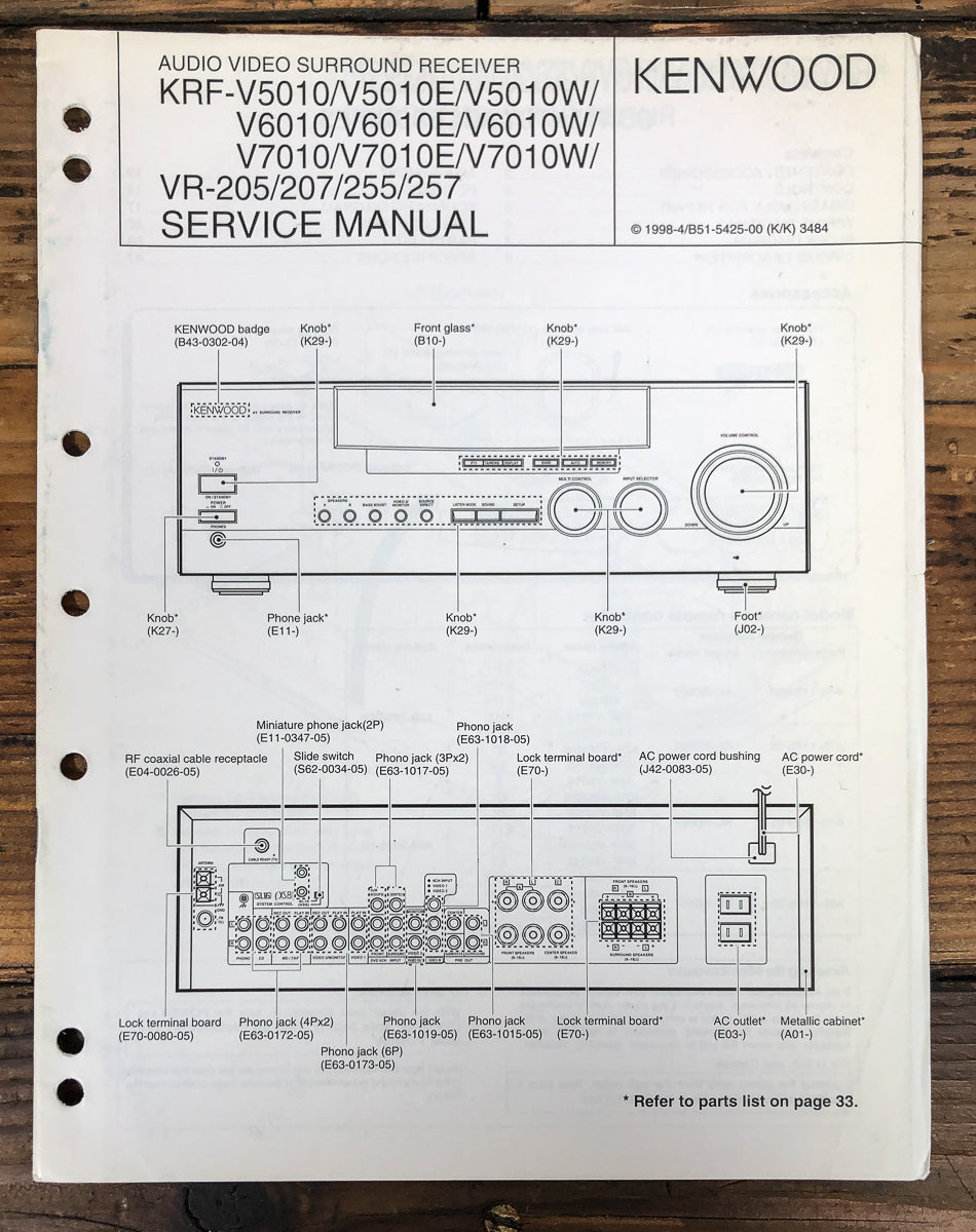 Kenwood KRF-V5010 -V6010 -V7010 VR-205 Receiver Service Manual *Original*