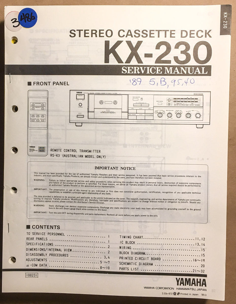 Yamaha KX-230 Cassette  Service Manual *Original*
