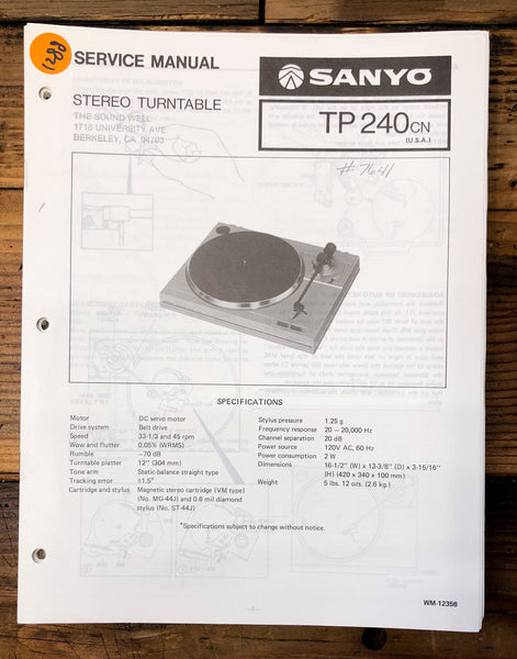 Sanyo TP-240 TP240 Record Player / Turntable  Service Manual *Original*