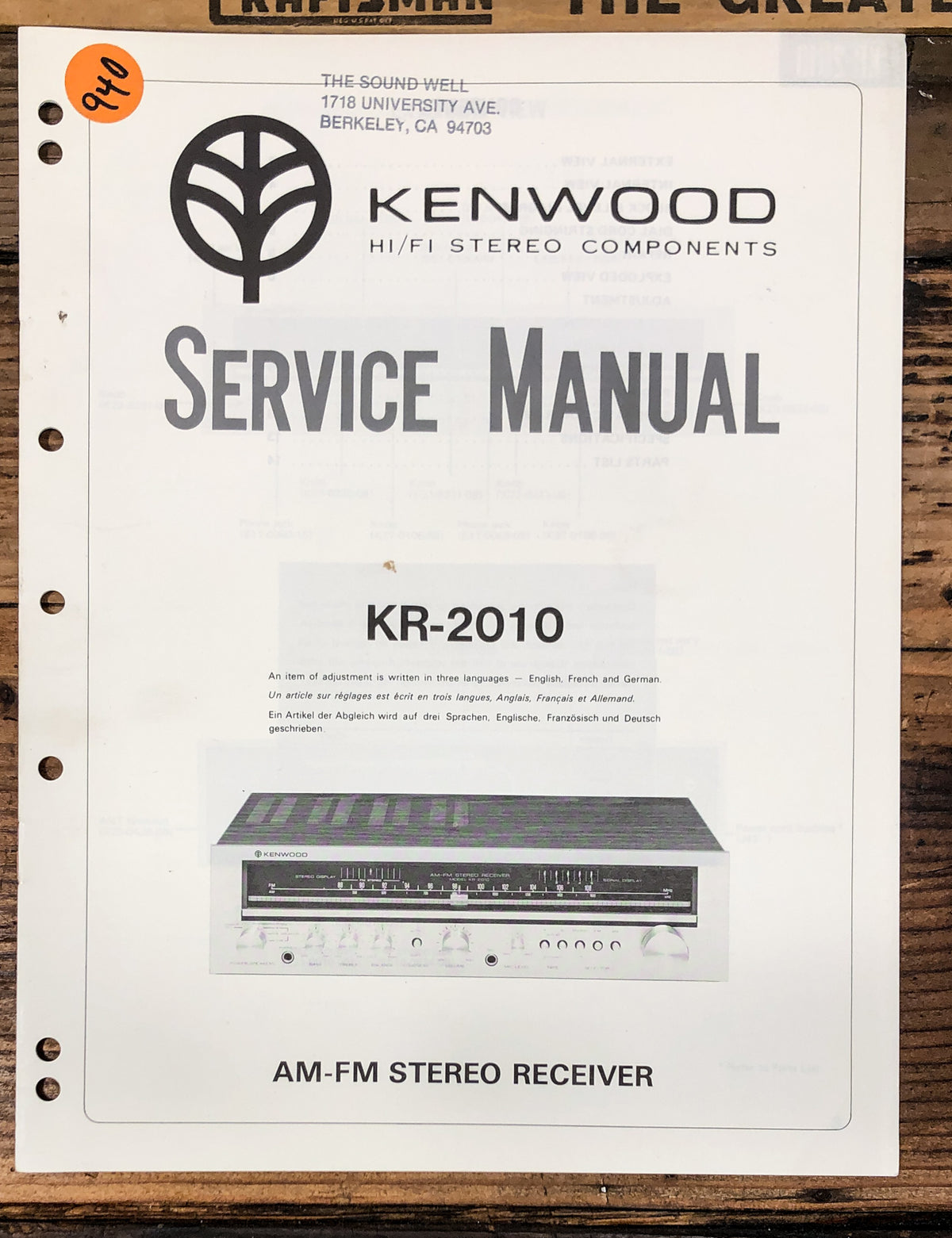 Kenwood KR-2010 Receiver  Service Manual *Original*