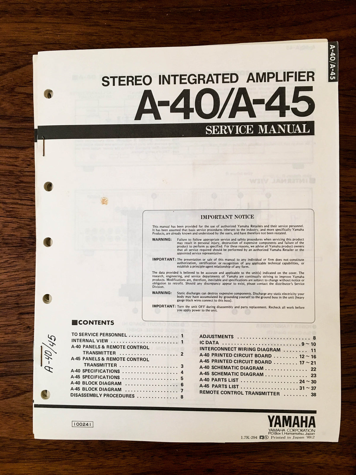 Yamaha A-40 A-45 Amplifier Service Manual *Original*