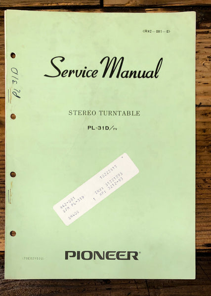 Pioneer PL-31D Record Player / Turntable Service Manual *Original*