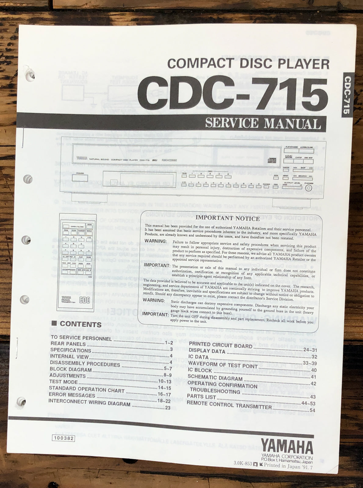 Yamaha CDC-715 CD Player Service Manual *Original*