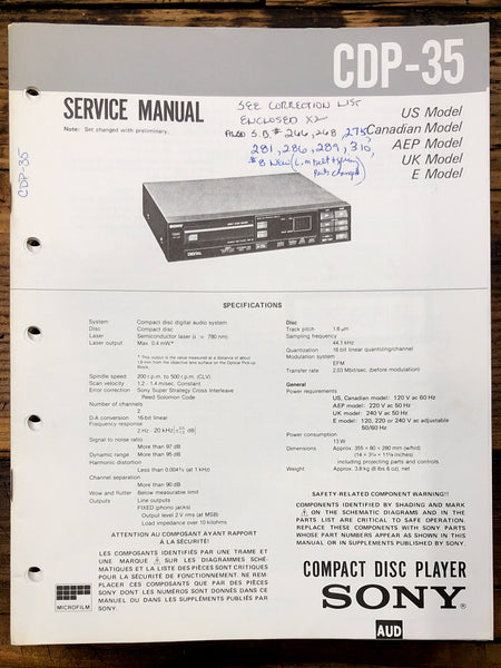 Sony CDP-35 CD Player  Service Manual *Original*