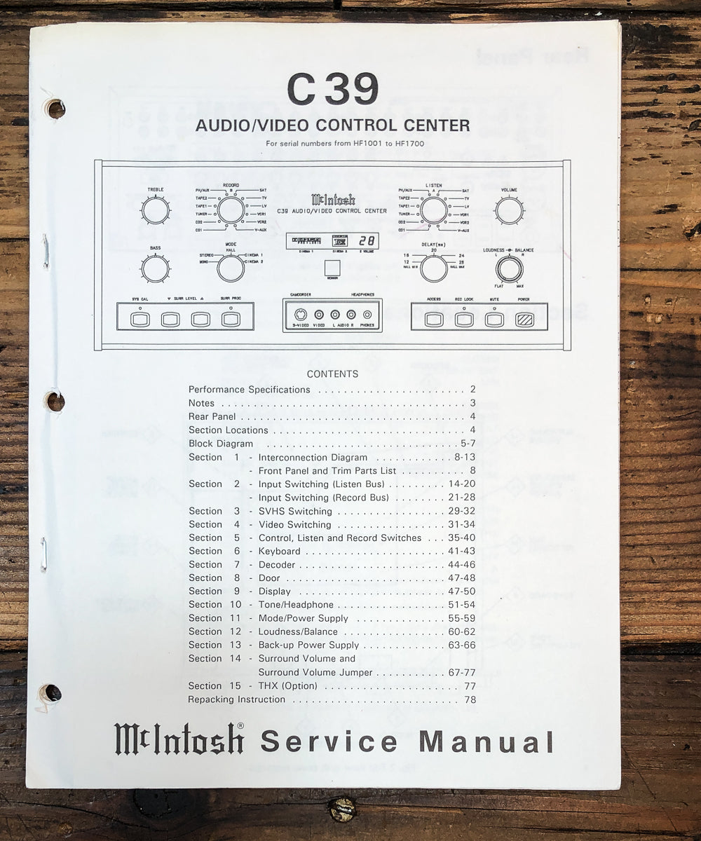 McIntosh C-39 Preamp / Preamplifier Service Manual *Original*