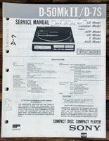 Sony D-50 MK 2 D-7S CD Player   Service Manual *Original*