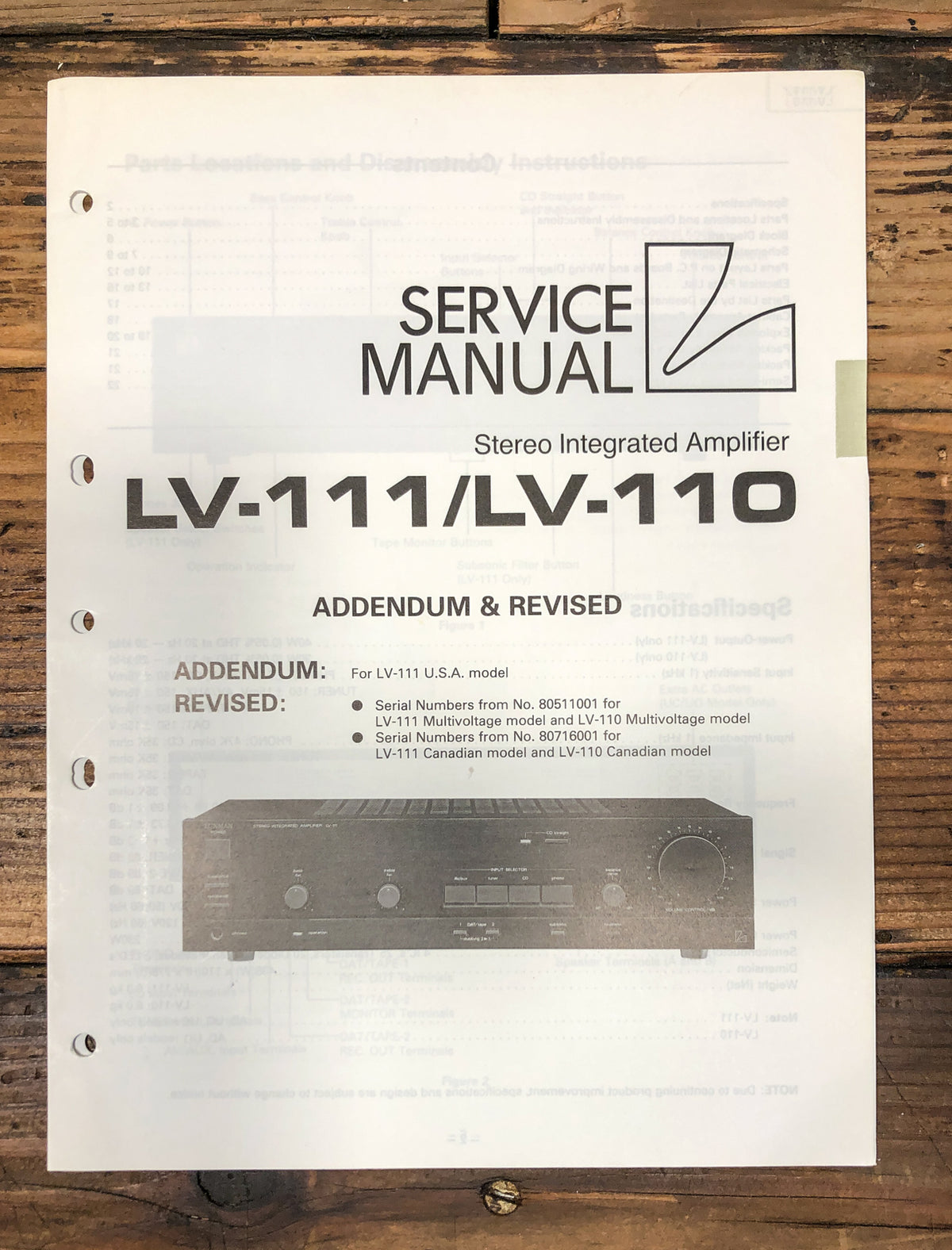 Luxman LV-110 LV-111 Amplifier Addendum Service Manual *Original*