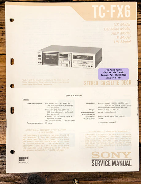 Sony TC-FX6 Cassette Service Manual *Original*