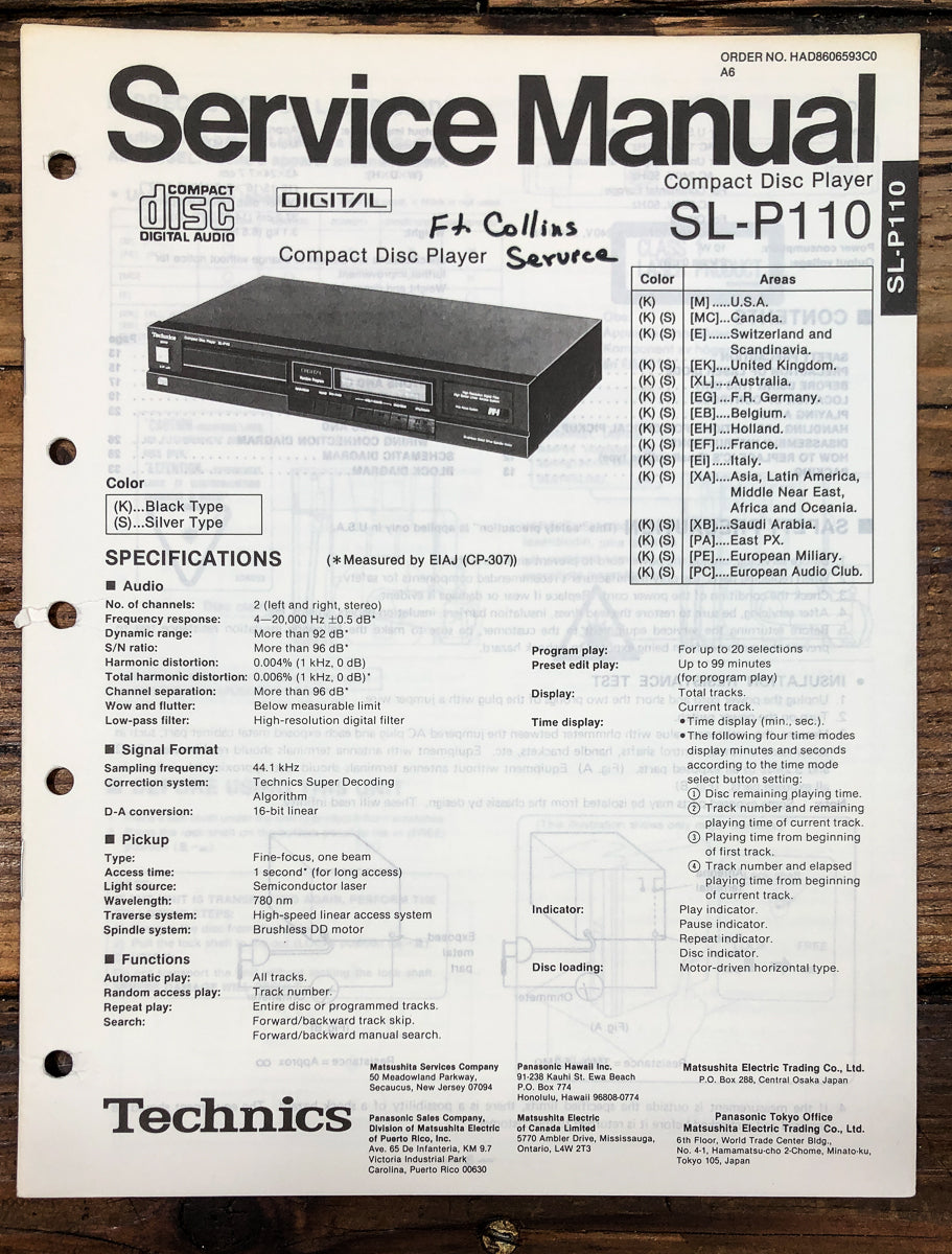 Technics SL-P110 CD Player Service Manual *Original*