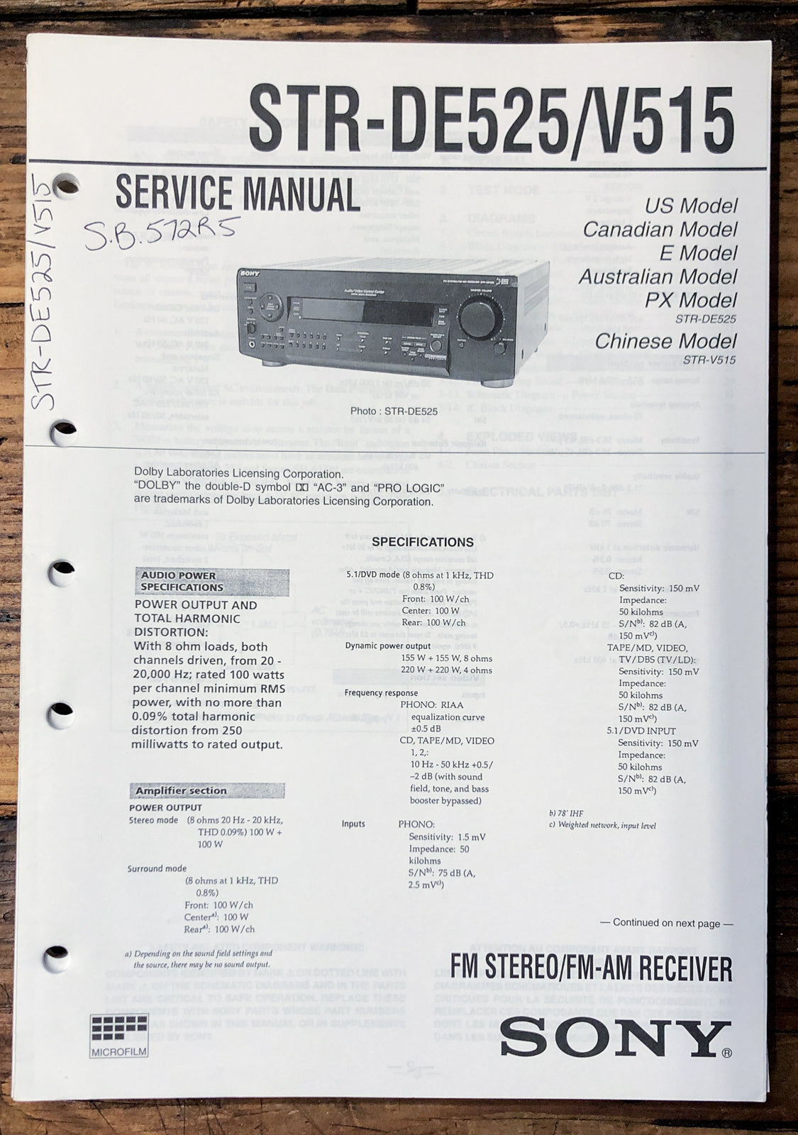 Sony STR-DE525 STR-V515 Receiver  Service Manual *Original*