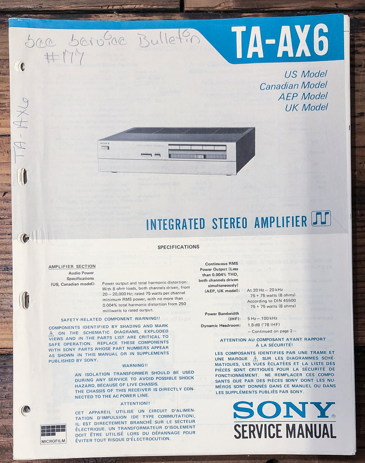 Sony TA-AX6 Amplifier  Service Manual *Original*