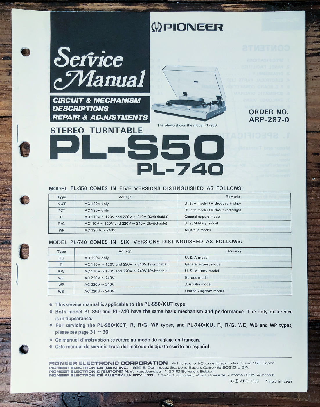 Pioneer PL-S50 PL-740 Turntable Service Manual *Original*