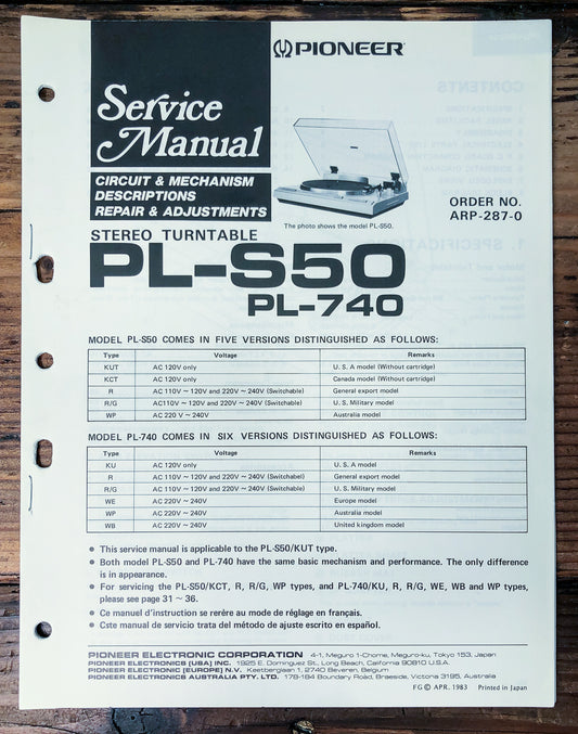 Pioneer PL-S50 PL-740 Turntable Service Manual *Original*