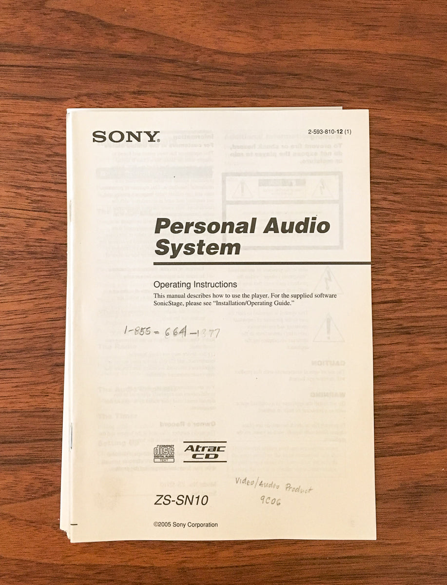 Sony ZS-SN10 Personal Audio System Owners Manual *Original*