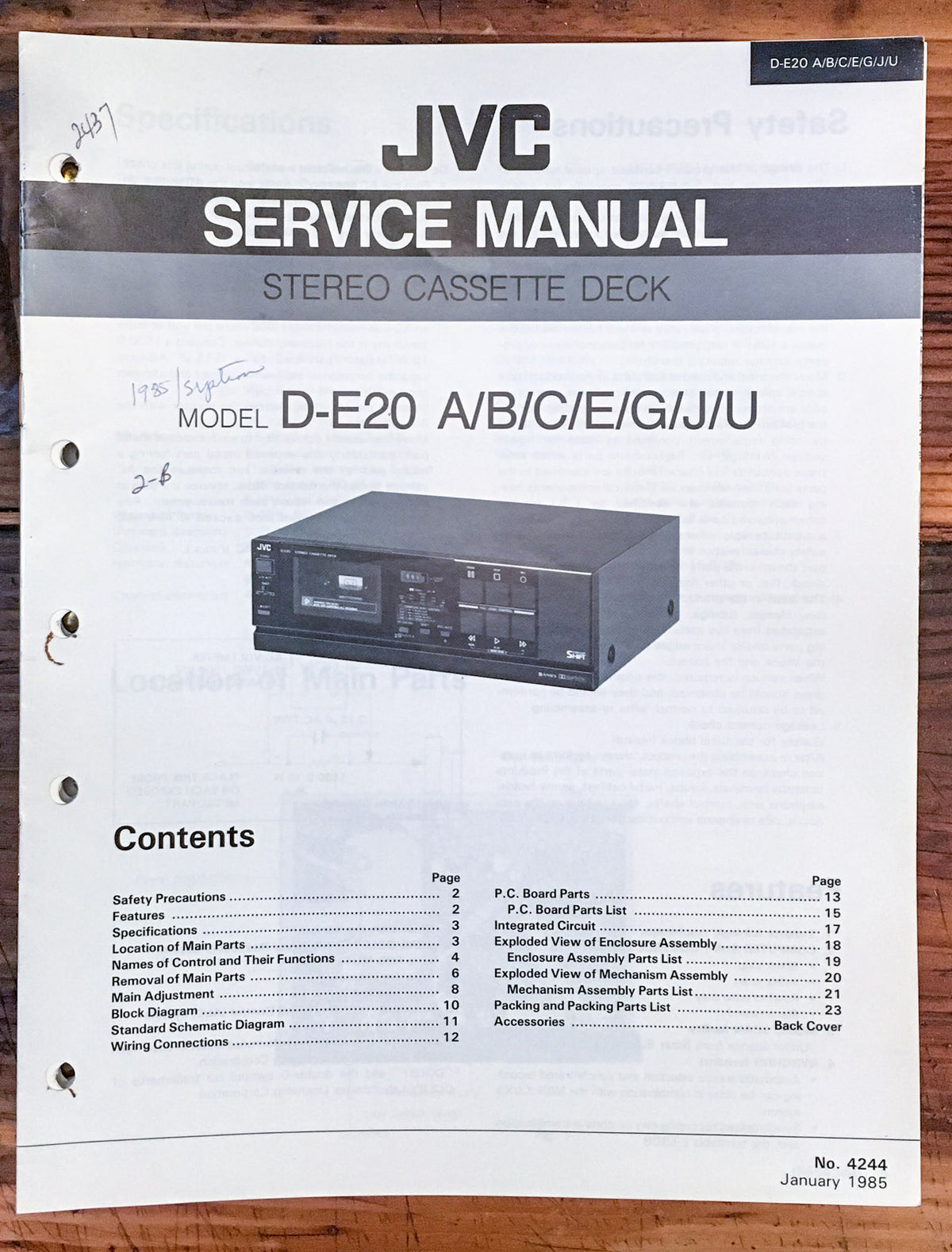 JVC D-E20 Cassette  Service Manual *Original*