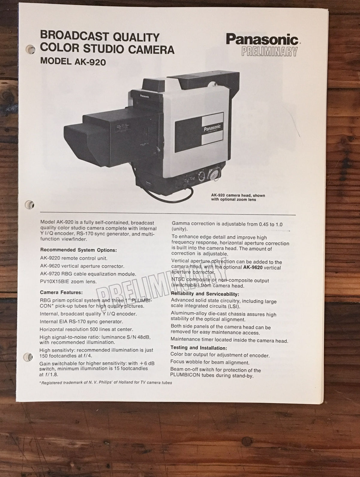 Panasonic AK-920 Camera  Dealer Brochure *Original*
