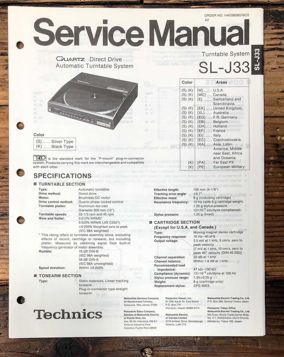 Technics SL-J33 Record Player / Turntable Service Manual *Original*