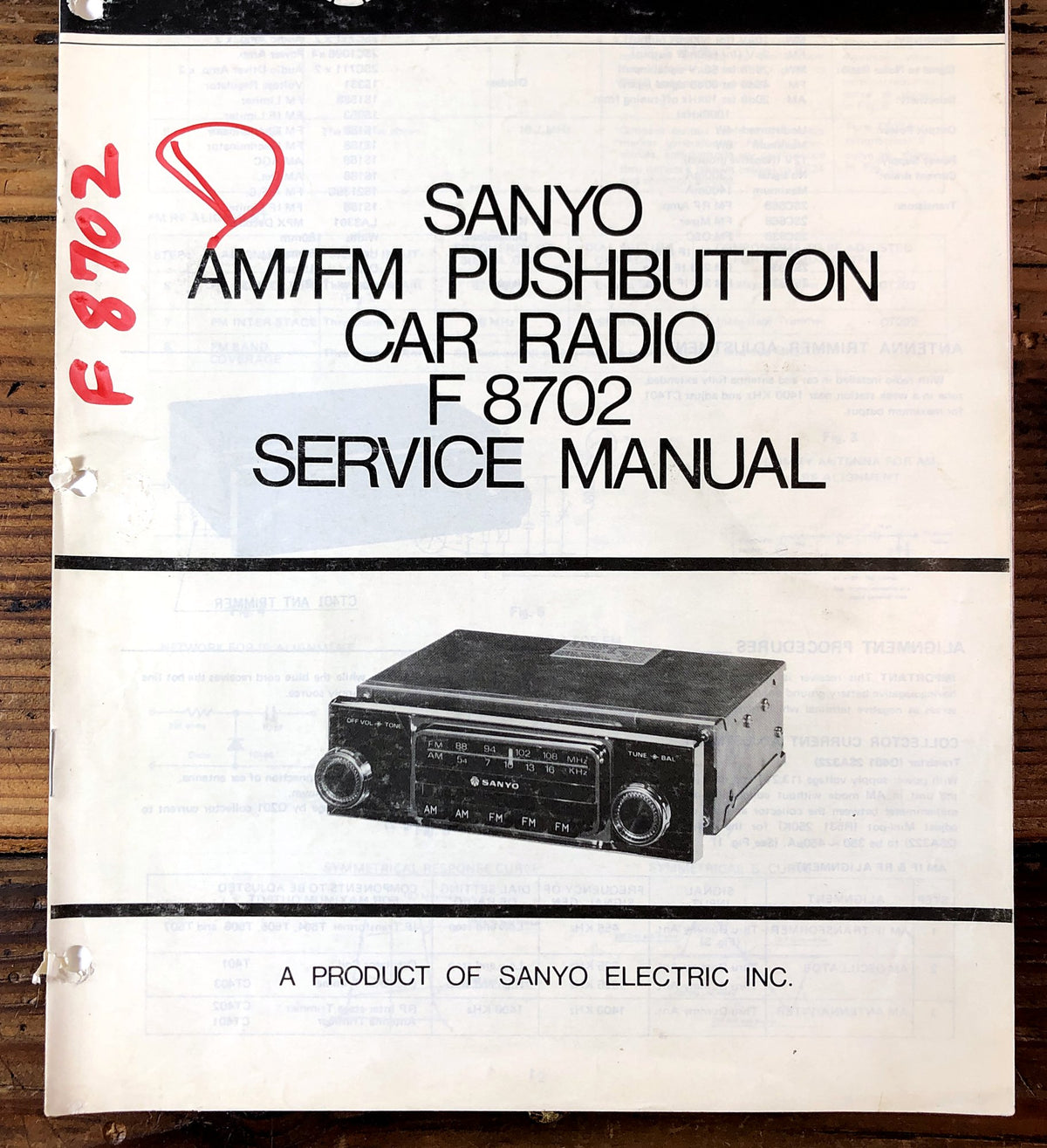 Sanyo F 8702 AM/FM Pushbutton Car Radio Service Manual *Original*