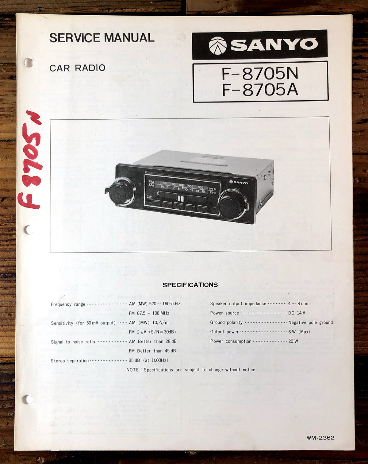 Sanyo F-8705N F-8705A Car Radio Service Manual *Original*