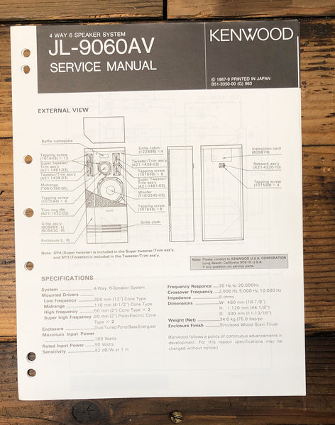 Kenwood JL-9060AV Speaker  Service Manual *Original*